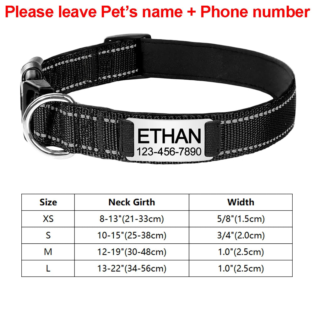 Adjustable Reflective Dog Collar Nylon Custom Engraved Name ID Tag Personalized Luminous Puppy Gleamy Large Unisex Dog Collar