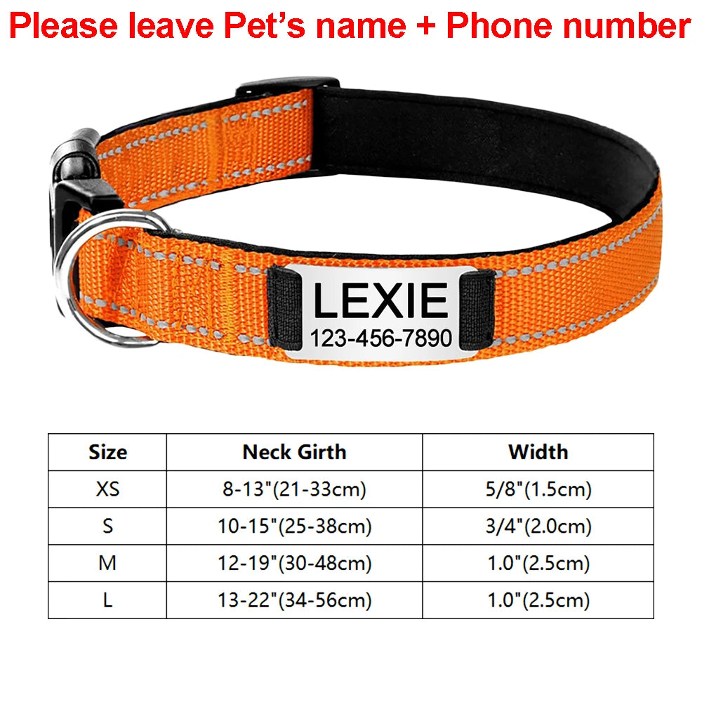 Adjustable Reflective Dog Collar Nylon Custom Engraved Name ID Tag Personalized Luminous Puppy Gleamy Large Unisex Dog Collar