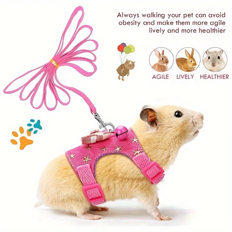 2pcs/set Hamster Harness And Leash Walking Set, Small Pet Clothes With Bow Bells, Safe And Comfortable Padded Vest, Hamster Stri