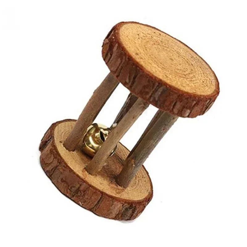 Cute Rabbit Roller Toys Natural Wooden Pine Dumbells Unicycle Bell Chew Toys for Guinea Pigs Rat Small Pet Molars Supplies New