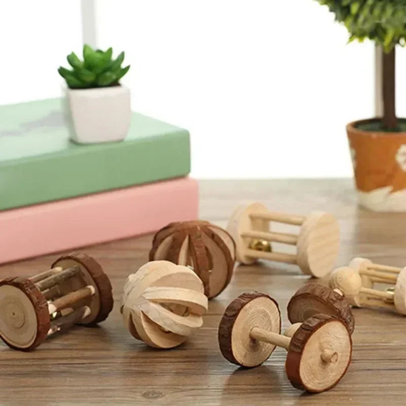 Cute Rabbit Roller Toys Natural Wooden Pine Dumbells Unicycle Bell Chew Toys for Guinea Pigs Rat Small Pet Molars Supplies New