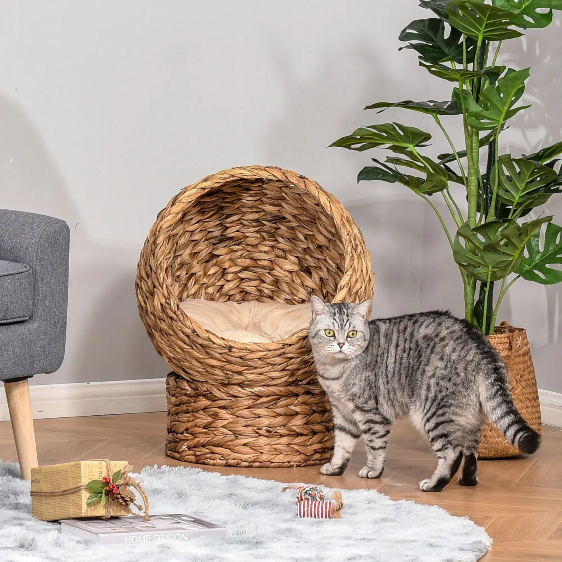 For PawHut 20" Elevated Cat Bed, Natural Braided Banana Leaf Basket with Cushion, Brown