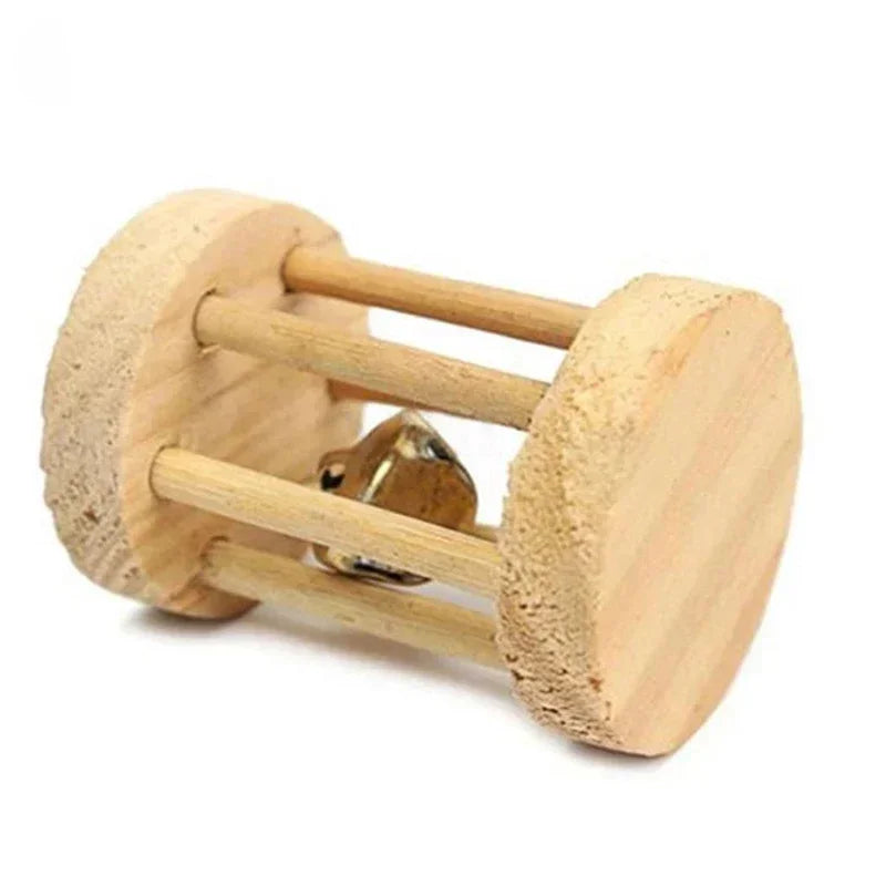 Cute Rabbit Roller Toys Natural Wooden Pine Dumbells Unicycle Bell Chew Toys for Guinea Pigs Rat Small Pet Molars Supplies New