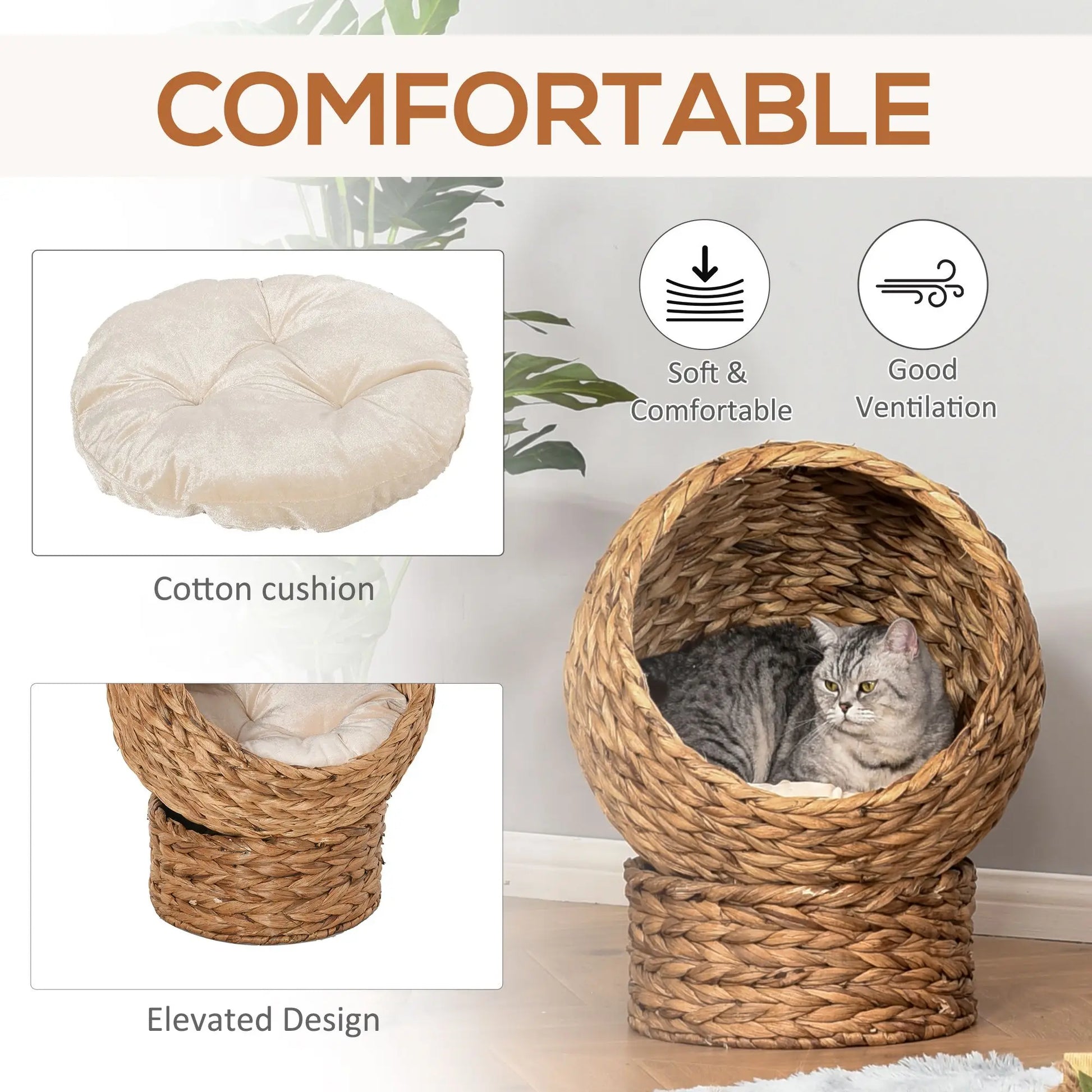 For PawHut 20" Elevated Cat Bed, Natural Braided Banana Leaf Basket with Cushion, Brown
