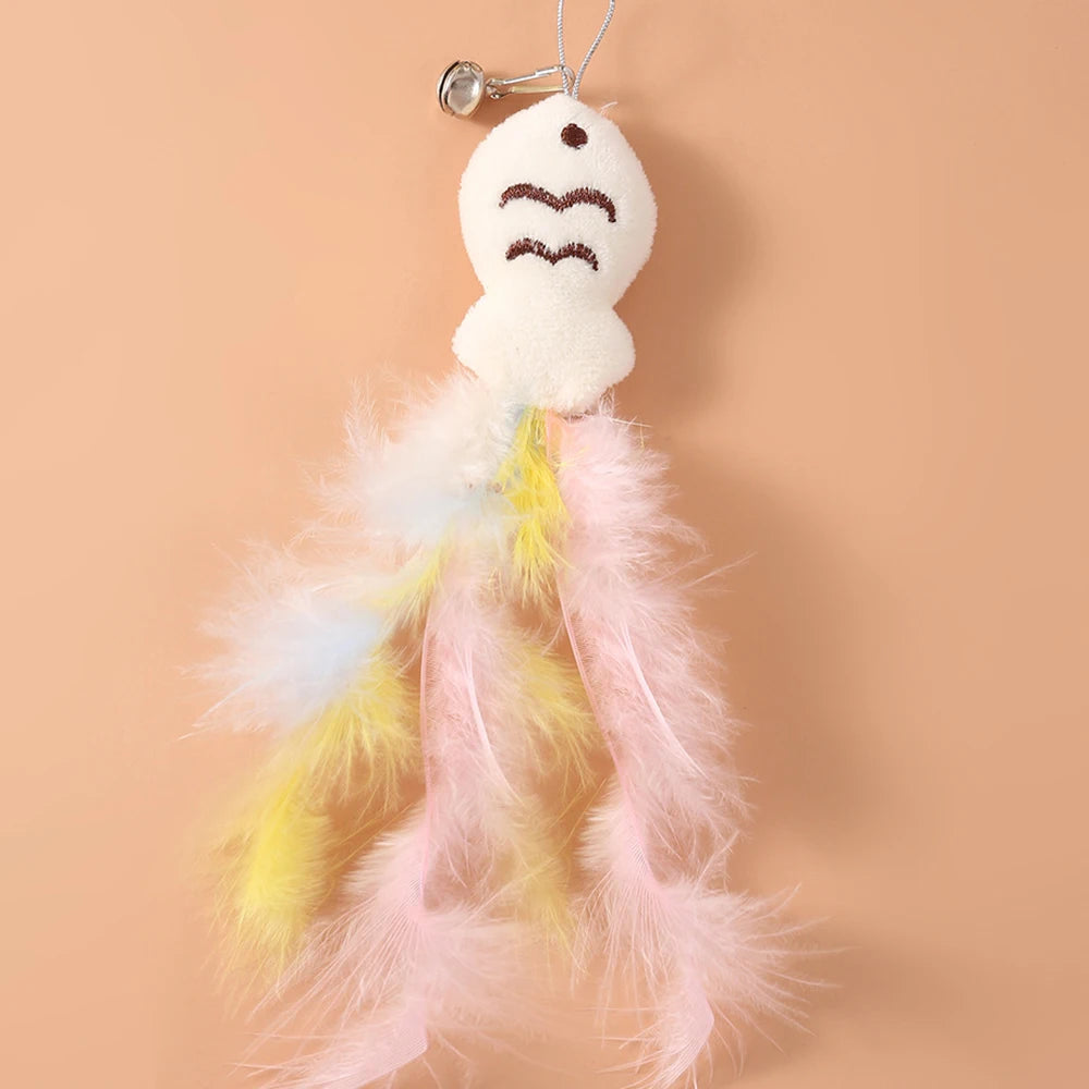 1PC Pet small cat fishing and cat teasing stick 360 degree rotation with feather bells and steel wire cat teasing stick