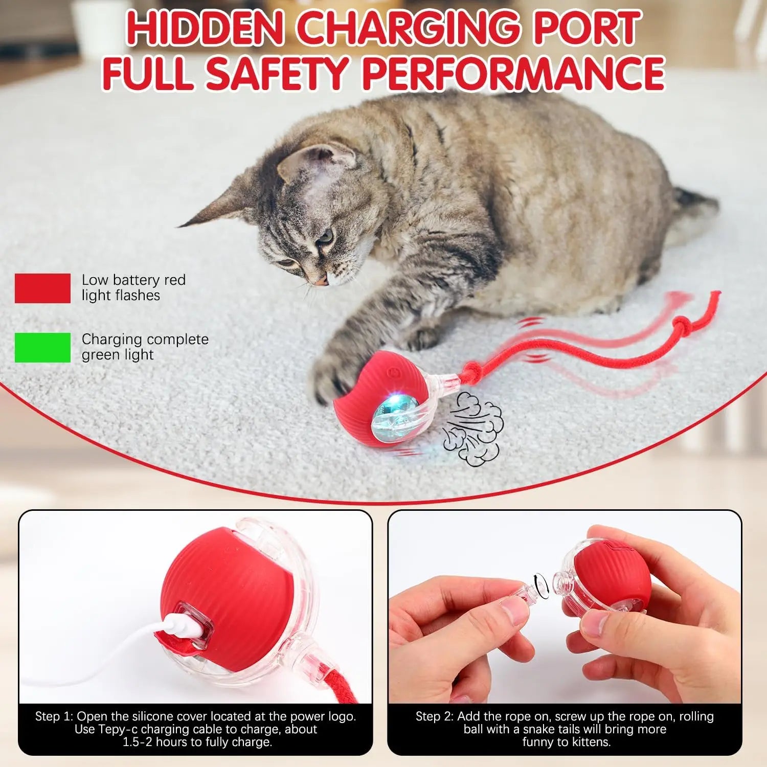 Cat Interactive Ball Toy 3 Mode Automatic Rolling Ball Faux Tail Rechargeable Smart Pet Electric Toy Cat Training Imitate Mouse
