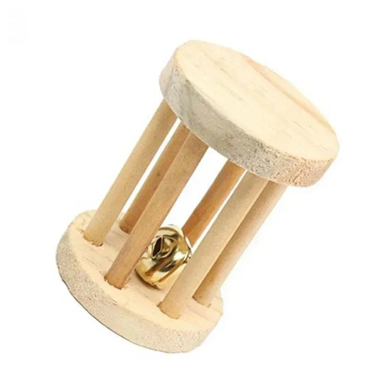 Cute Rabbit Roller Toys Natural Wooden Pine Dumbells Unicycle Bell Chew Toys for Guinea Pigs Rat Small Pet Molars Supplies New