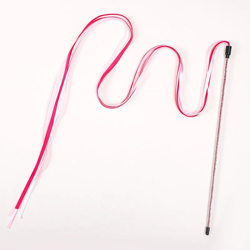 Interactive Cats Toys Long Satin Ribbon Cat Teaser Rod Toy Kitten Playing Teaser Wand Toy Cat Stick Toy
