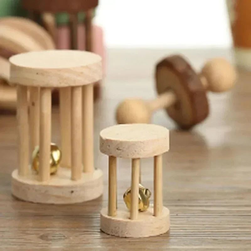 Cute Rabbit Roller Toys Natural Wooden Pine Dumbells Unicycle Bell Chew Toys for Guinea Pigs Rat Small Pet Molars Supplies New