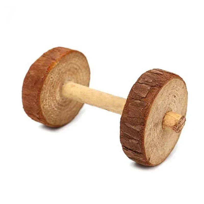 Cute Rabbit Roller Toys Natural Wooden Pine Dumbells Unicycle Bell Chew Toys for Guinea Pigs Rat Small Pet Molars Supplies New