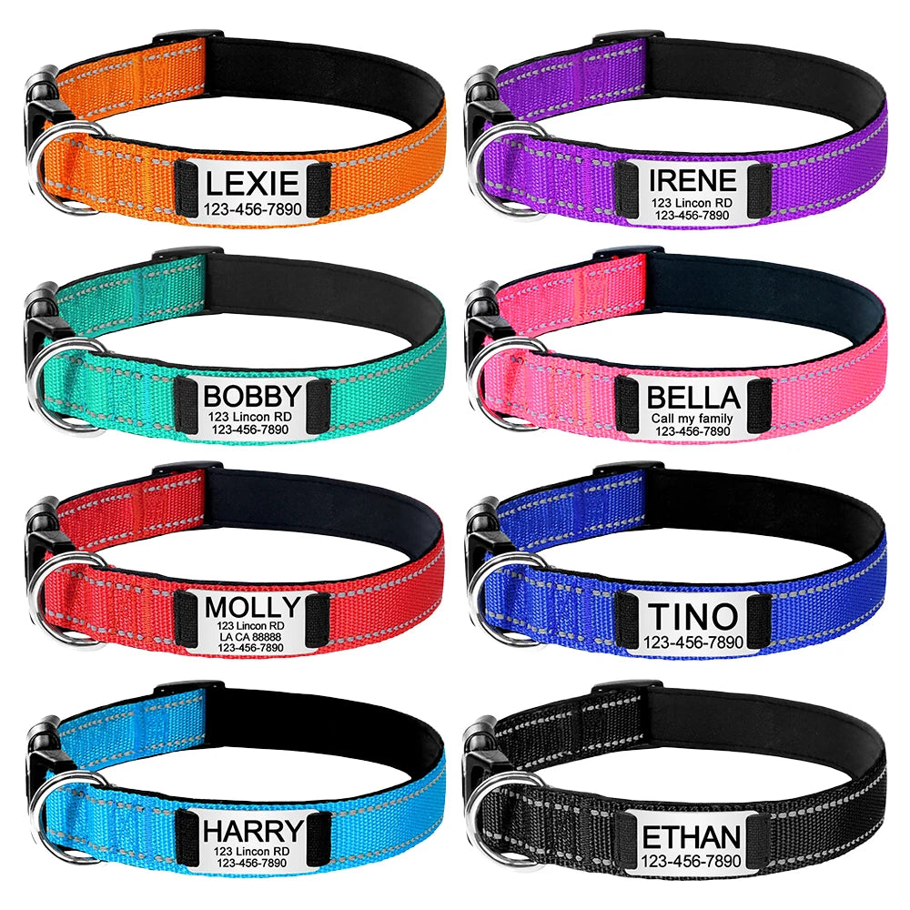 Adjustable Reflective Dog Collar Nylon Custom Engraved Name ID Tag Personalized Luminous Puppy Gleamy Large Unisex Dog Collar