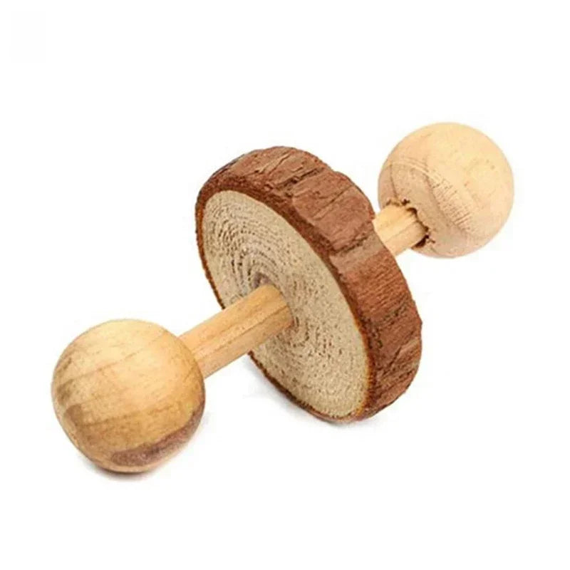 Cute Rabbit Roller Toys Natural Wooden Pine Dumbells Unicycle Bell Chew Toys for Guinea Pigs Rat Small Pet Molars Supplies New