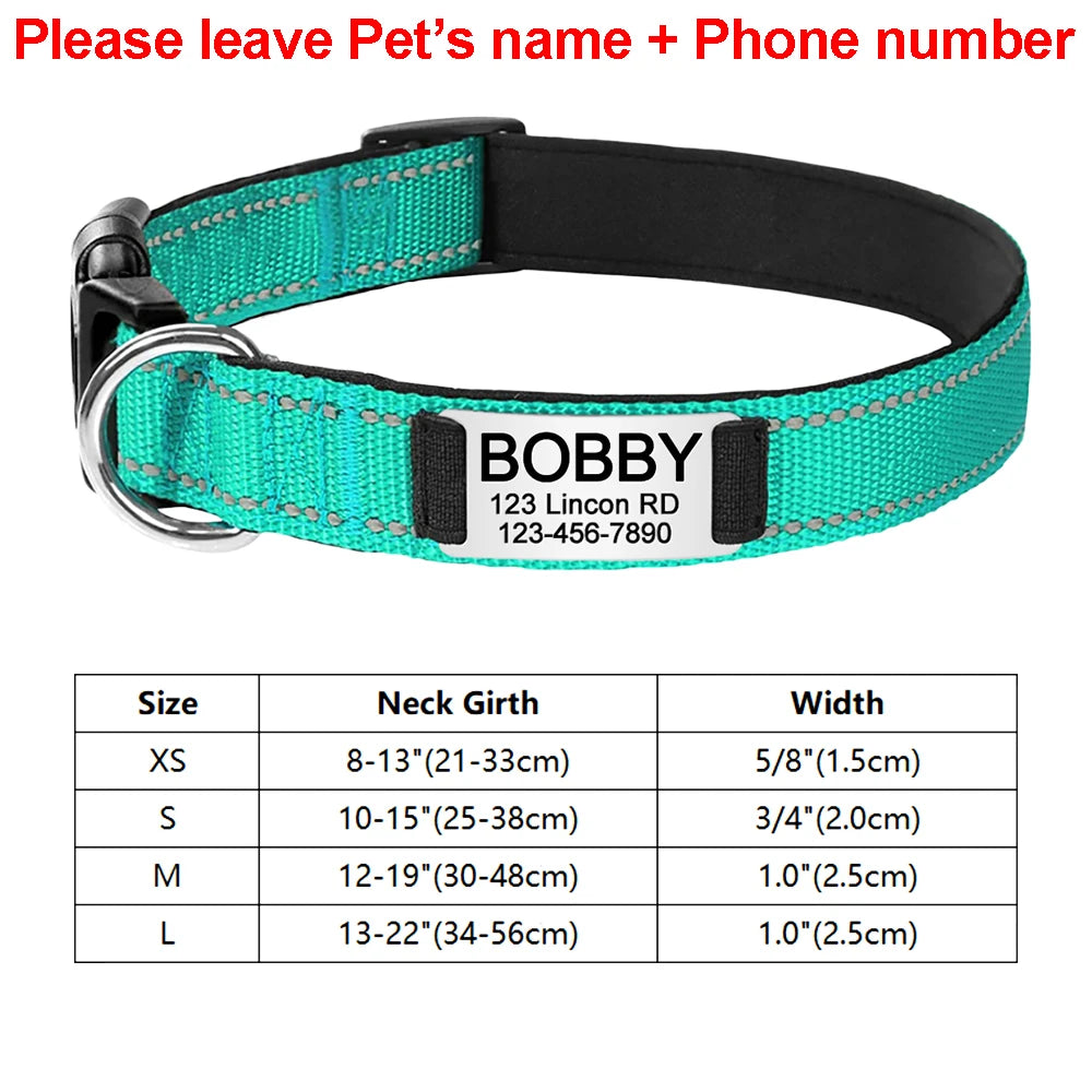 Adjustable Reflective Dog Collar Nylon Custom Engraved Name ID Tag Personalized Luminous Puppy Gleamy Large Unisex Dog Collar
