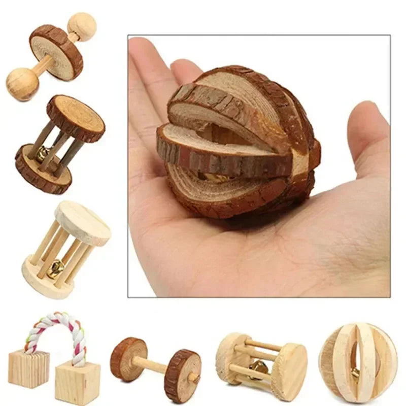 Cute Rabbit Roller Toys Natural Wooden Pine Dumbells Unicycle Bell Chew Toys for Guinea Pigs Rat Small Pet Molars Supplies New
