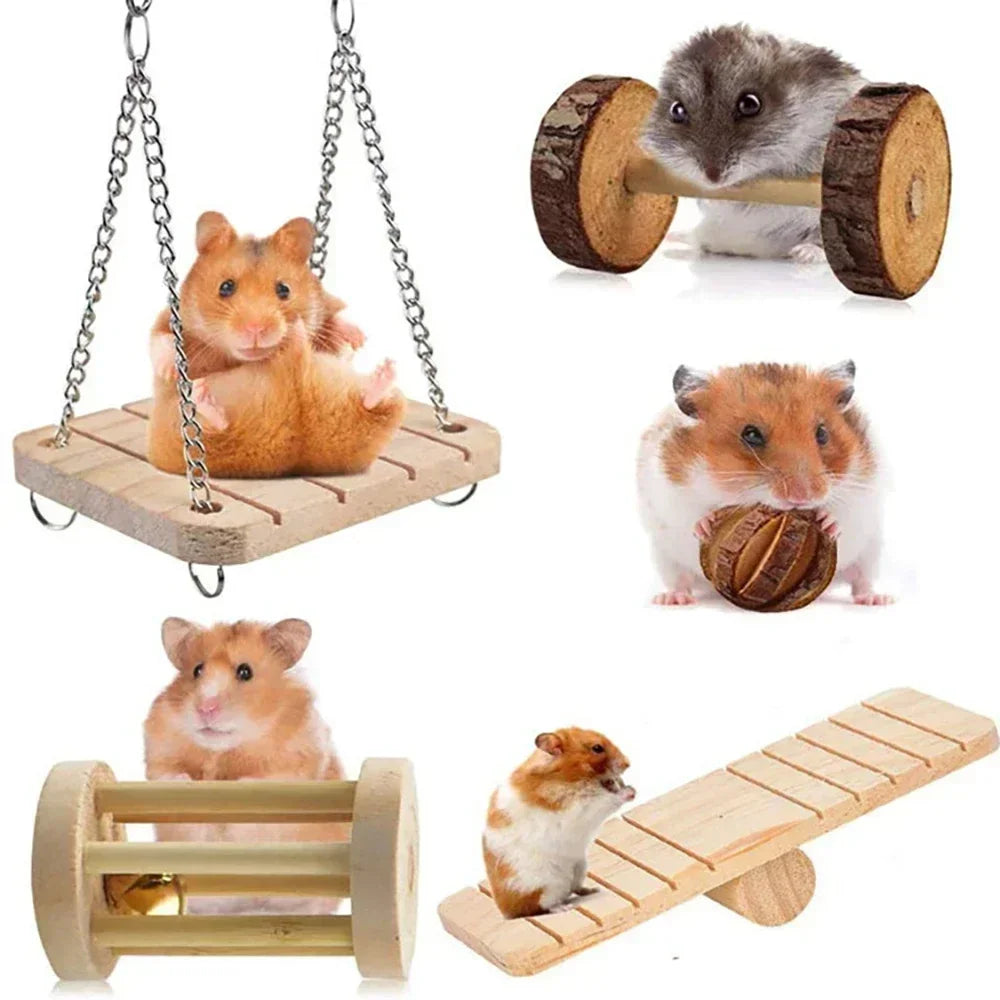 Cute Rabbit Roller Toys Natural Wooden Pine Dumbells Unicycle Bell Chew Toys for Guinea Pigs Rat Small Pet Molars Supplies New