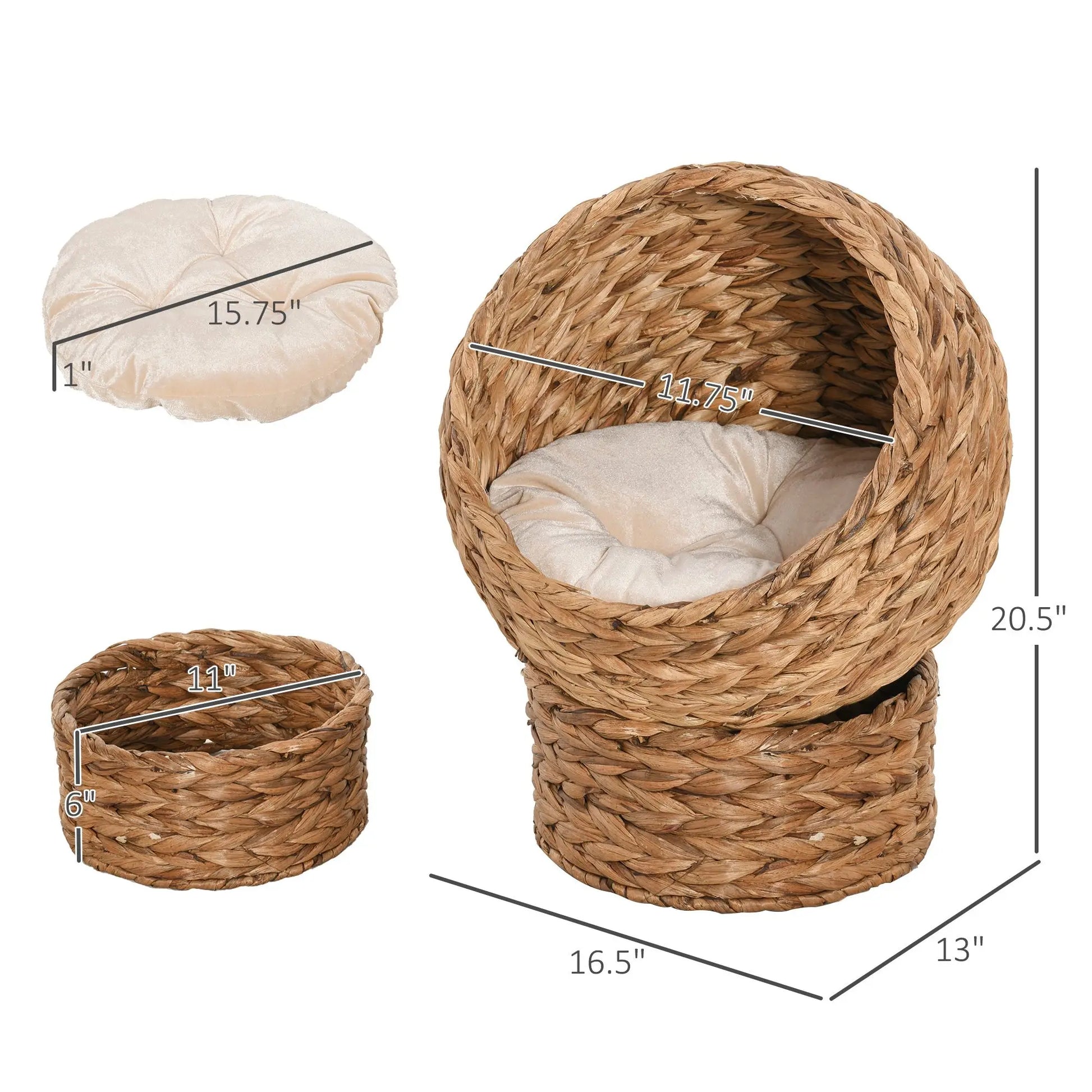 For PawHut 20" Elevated Cat Bed, Natural Braided Banana Leaf Basket with Cushion, Brown