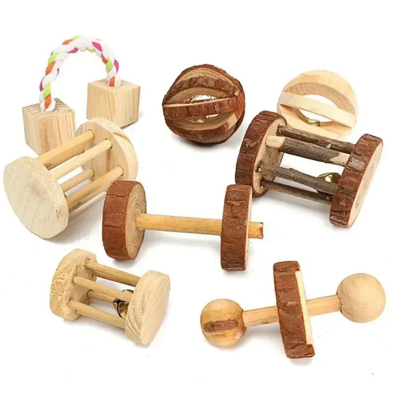 Cute Rabbit Roller Toys Natural Wooden Pine Dumbells Unicycle Bell Chew Toys for Guinea Pigs Rat Small Pet Molars Supplies New