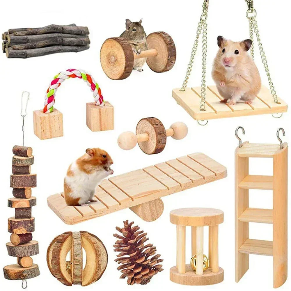 Cute Rabbit Roller Toys Natural Wooden Pine Dumbells Unicycle Bell Chew Toys for Guinea Pigs Rat Small Pet Molars Supplies New