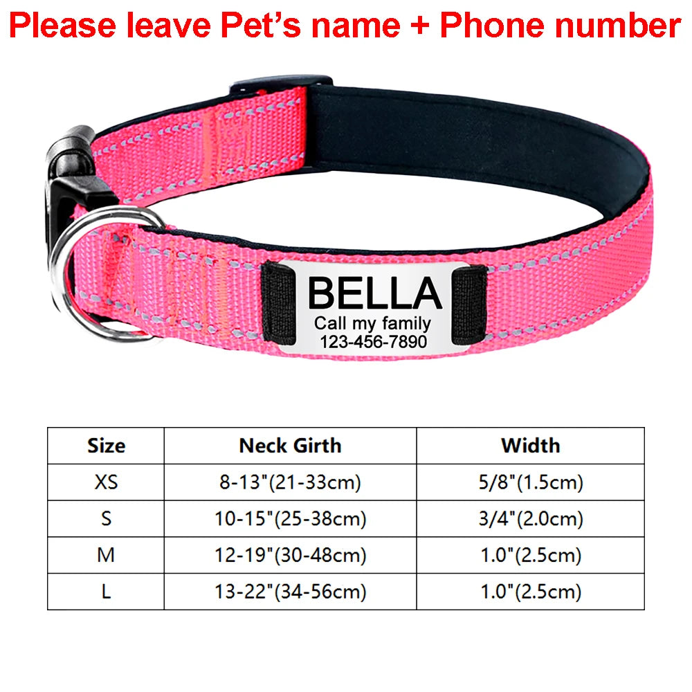 Adjustable Reflective Dog Collar Nylon Custom Engraved Name ID Tag Personalized Luminous Puppy Gleamy Large Unisex Dog Collar