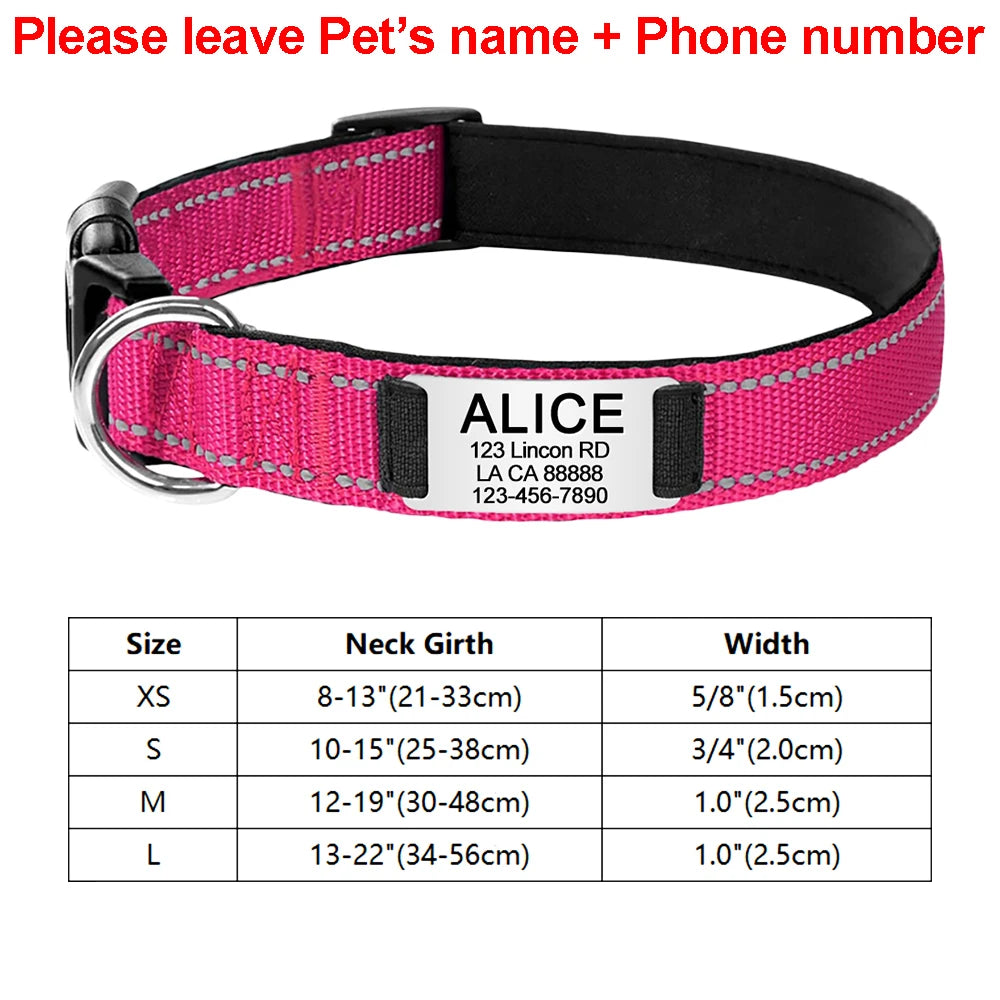 Adjustable Reflective Dog Collar Nylon Custom Engraved Name ID Tag Personalized Luminous Puppy Gleamy Large Unisex Dog Collar